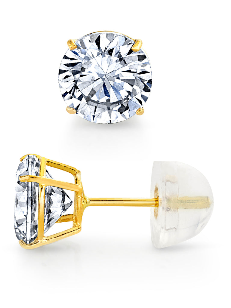 14K Solid Gold Round Stud Earrings Silicone Cubic Zirconia CZ