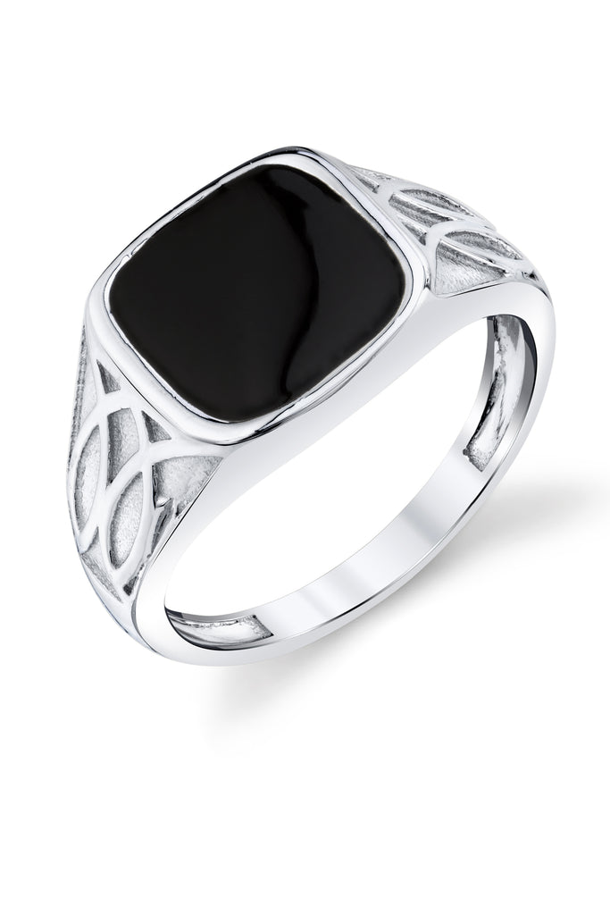 Men's Signet Pinky Ring Sterling Silver Black Enamel Caved Celtic Design 12MM