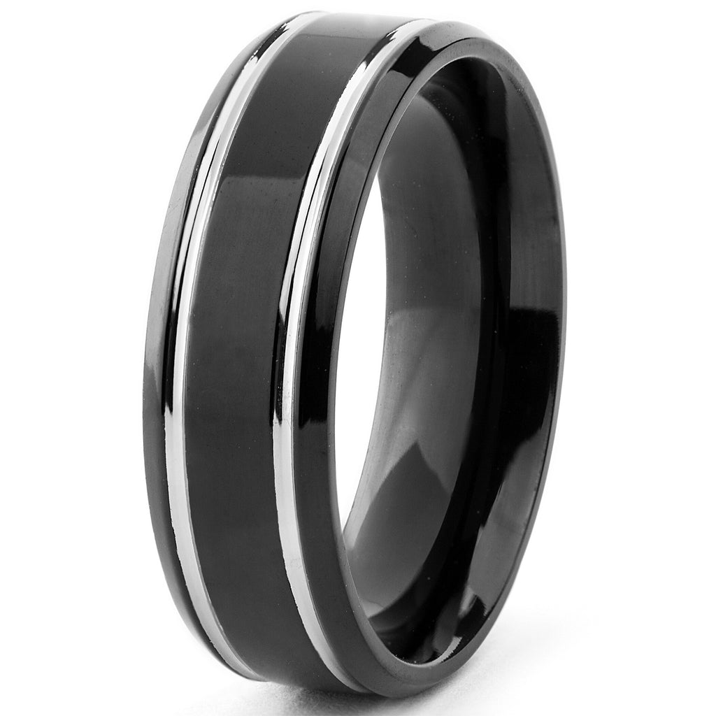 Men's 7 MM Black Titanium Ring Wedding Band with two Grooves sizes 7 to 13