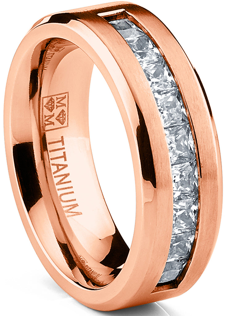 Men's Titanium Wedding Band Engagement Ring 9 Large Cubic-Zirconia Rose Goldtone