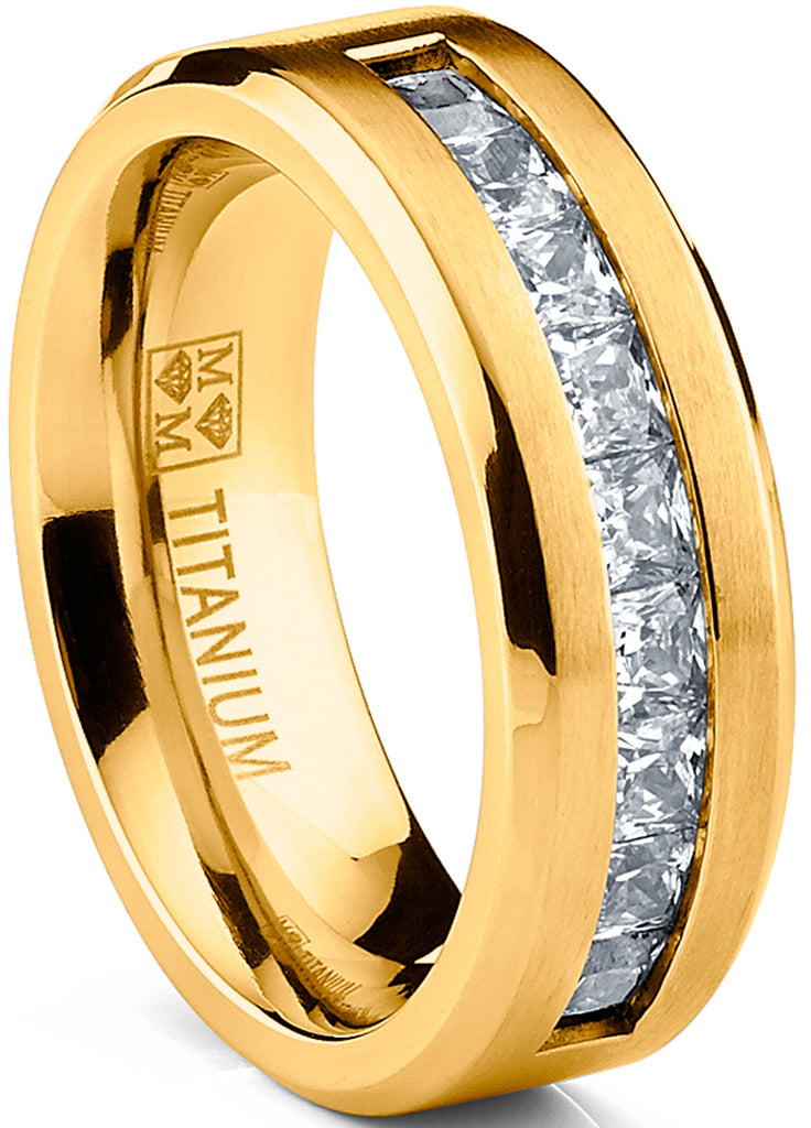Men's Titanium Wedding Band Engagement Ring 9 Large Cubic-Zirconia Goldtone