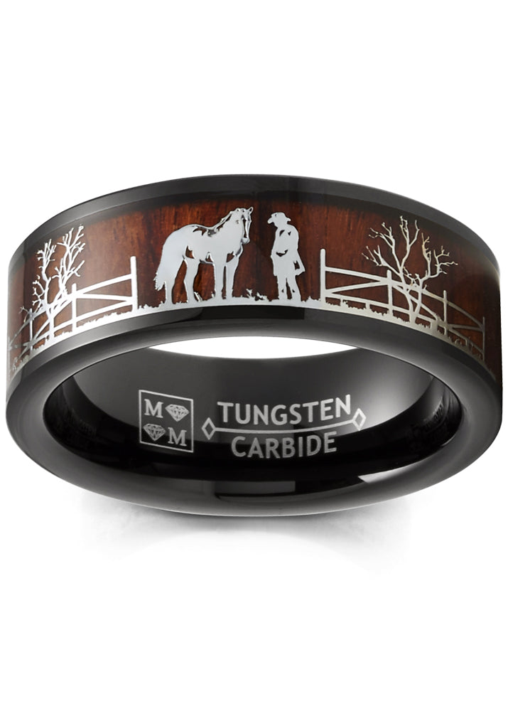 Black Tungsten Horse Equestrian Ring Wedding Band Wood Inlay Stallion