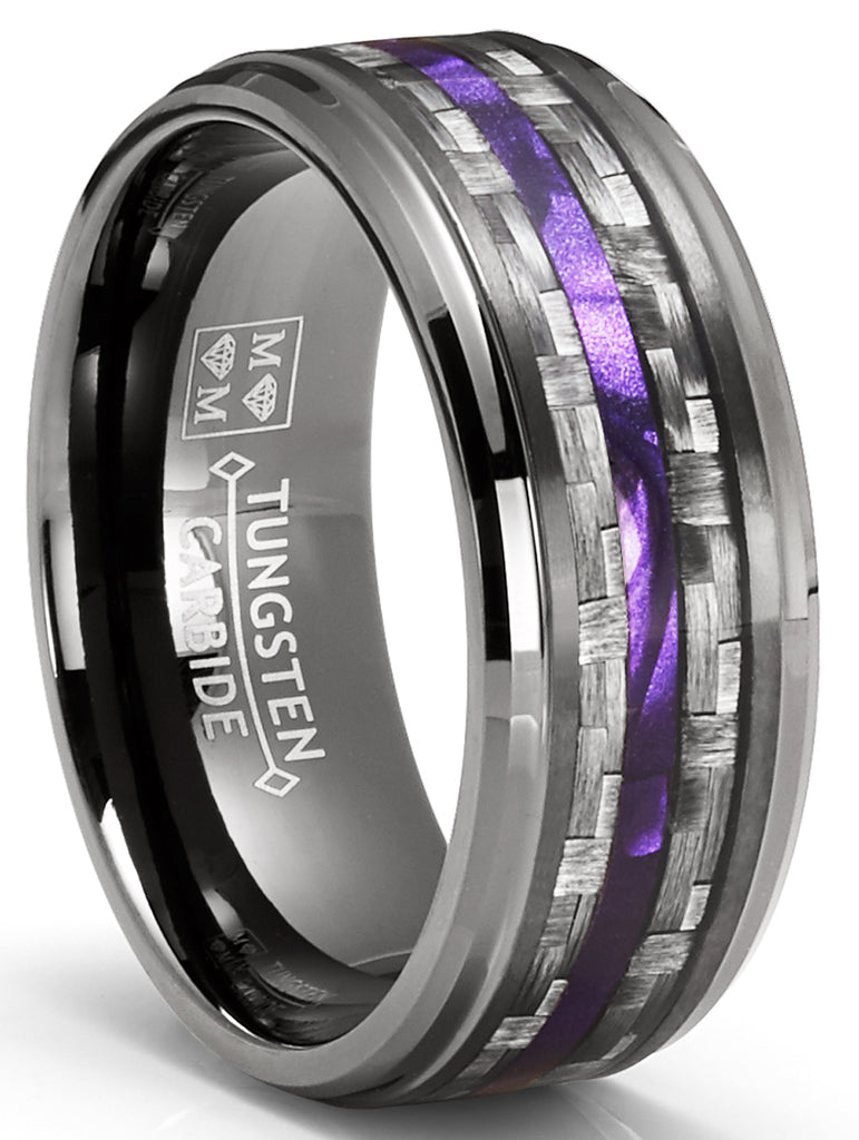 Mens Carbon Fiber Tungsten Carbide Ring Purple Wood Wedding Band Gunmetal 8MM