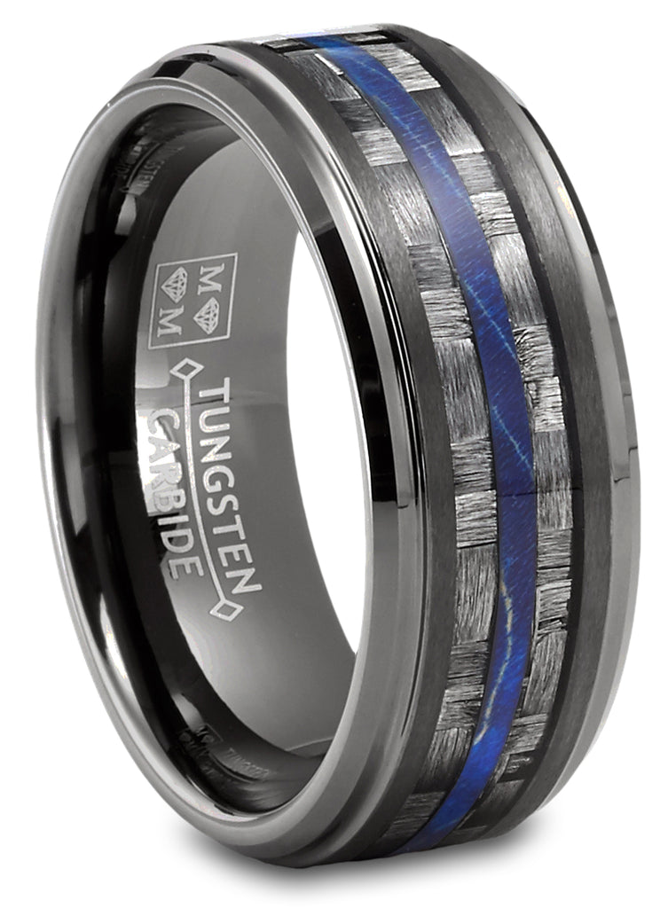 Mens Carbon Fiber Tungsten Carbide Ring Blue Wood Wedding Band Gunmetal 8MM