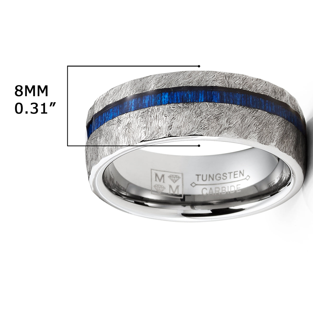 Silver Hammered Ring Mens Wedding Band Tungsten Ring 8mm Blue