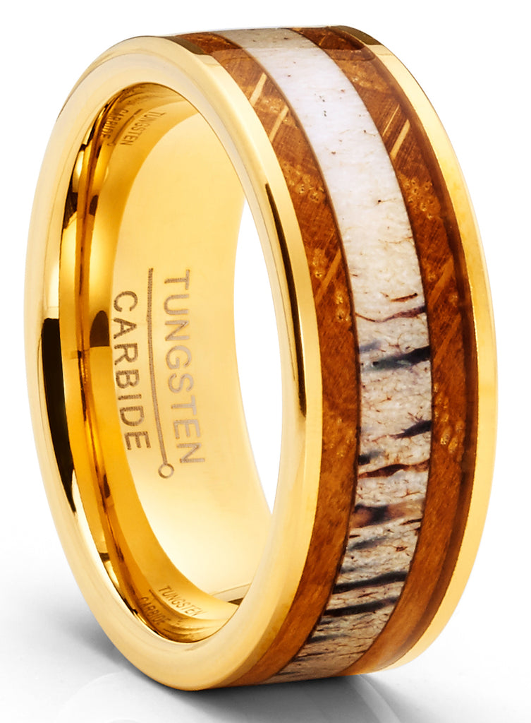 Tungsten Carbide Mens Wedding Band Whiskey Barrel Deer Antler Engagement Ring Goldtone