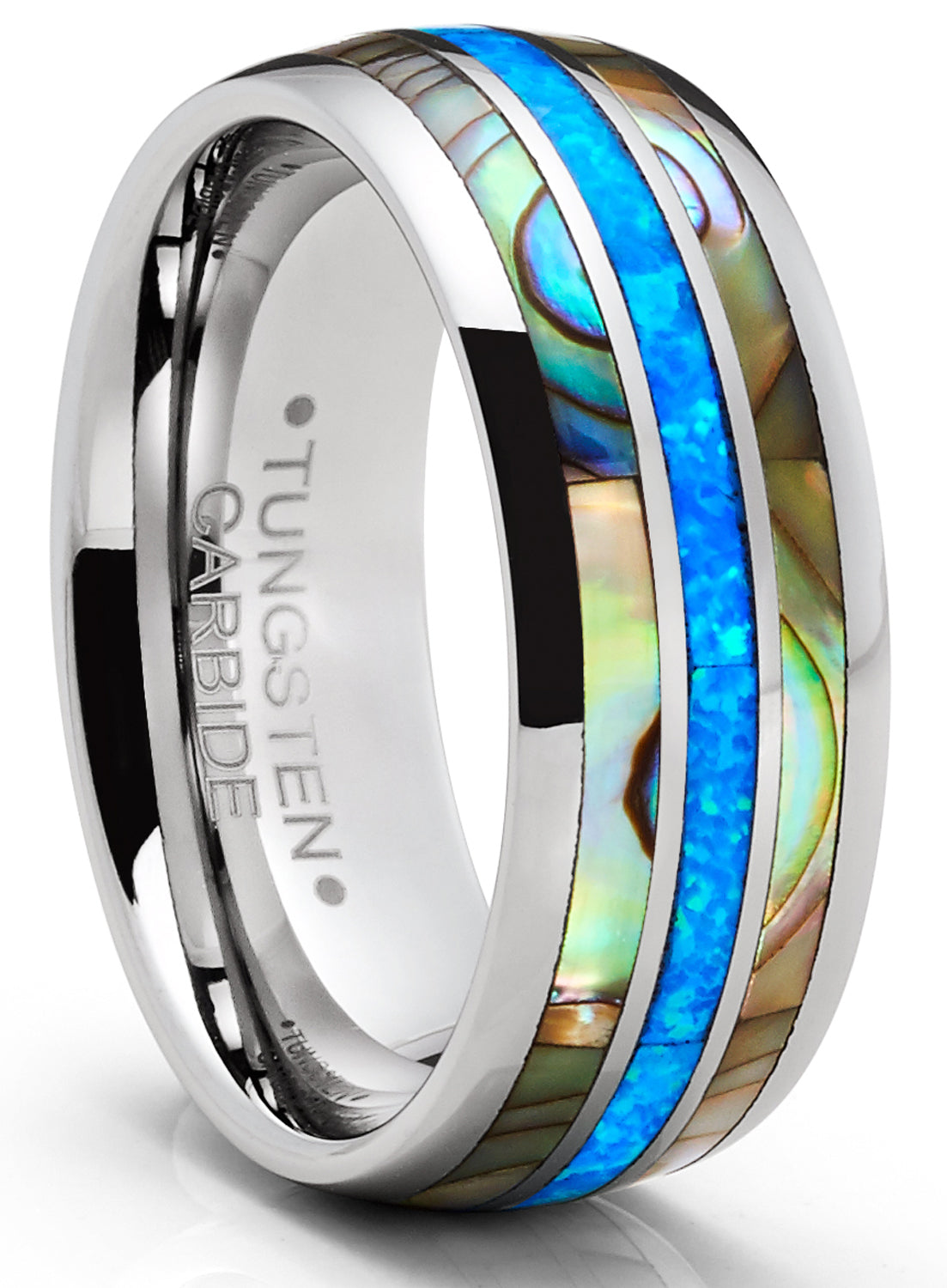 Tungsten Carbide Mens Wedding Band Blue Opal Mother of Pearl Engagement  Ring Silvertone - Silvertone / 7