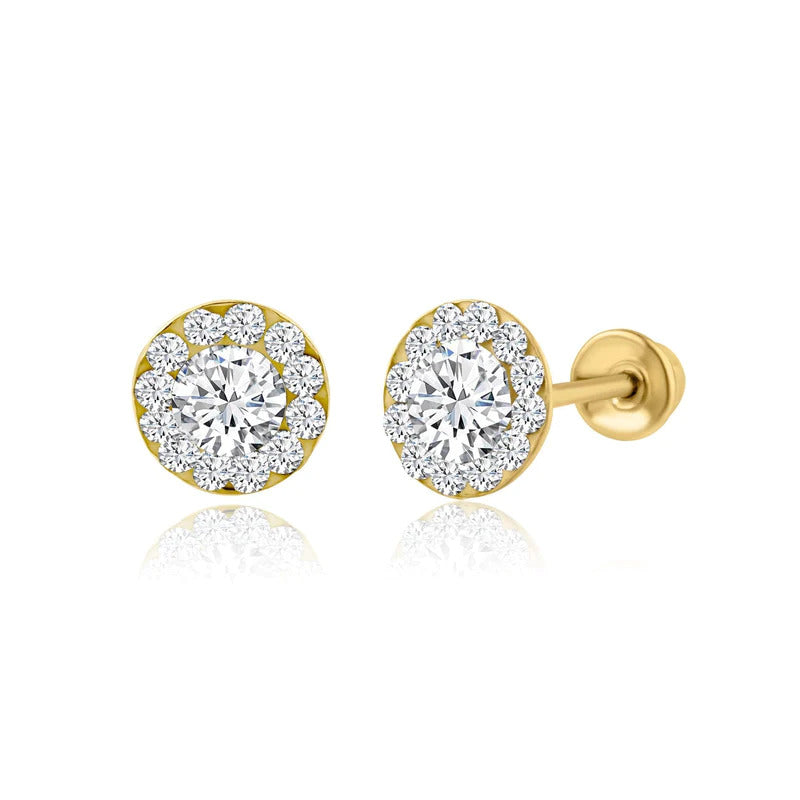 14K Solid Yellow Gold Halo Stud Earring 0.50Ct Simulated Diamond CZ 5MM