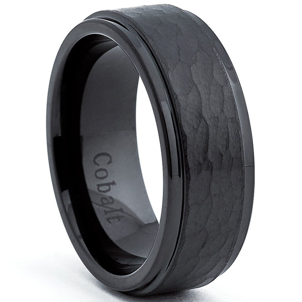 Black Cobalt Men's Hammered Wedding Band Ring, Comfort Fit 8mm, Sizes 7 to 12