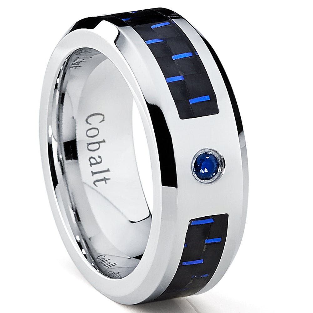 Cobalt Men's Wedding Band Ring with Black and Blue Carbon Fiber Inlay and 0.05 Carat Blue Sapphire