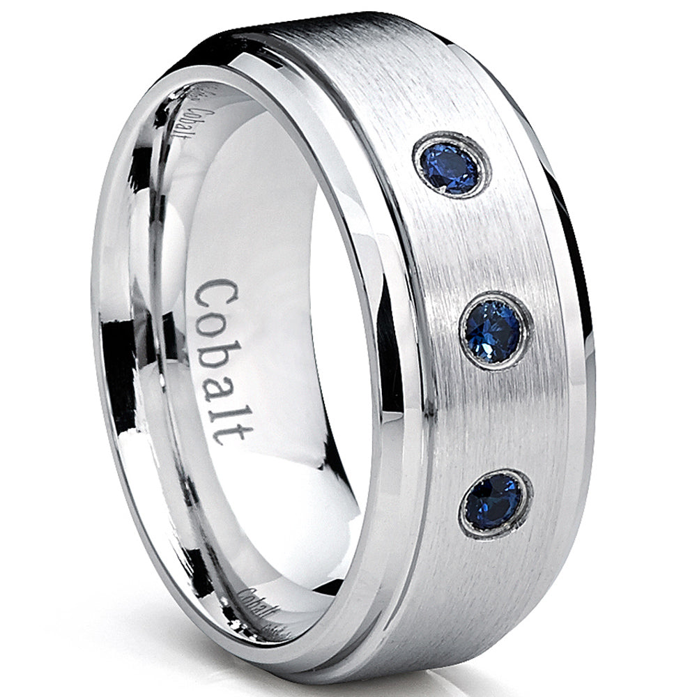 9MM Cobalt Men's Ring Wedding Band With Blue Sapphire Real Stones, Comfort Fit