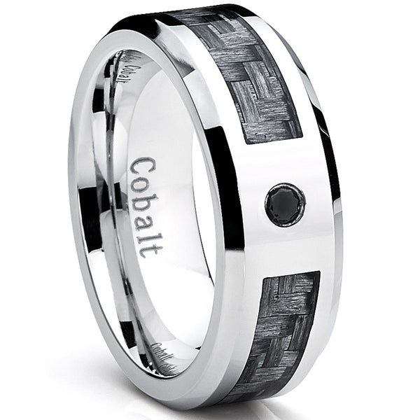 Cobalt Men's Wedding Band Ring with Gray Carbon Fiber Inlay and 0.04 Black Diamond, 8mm Sizes 8-12