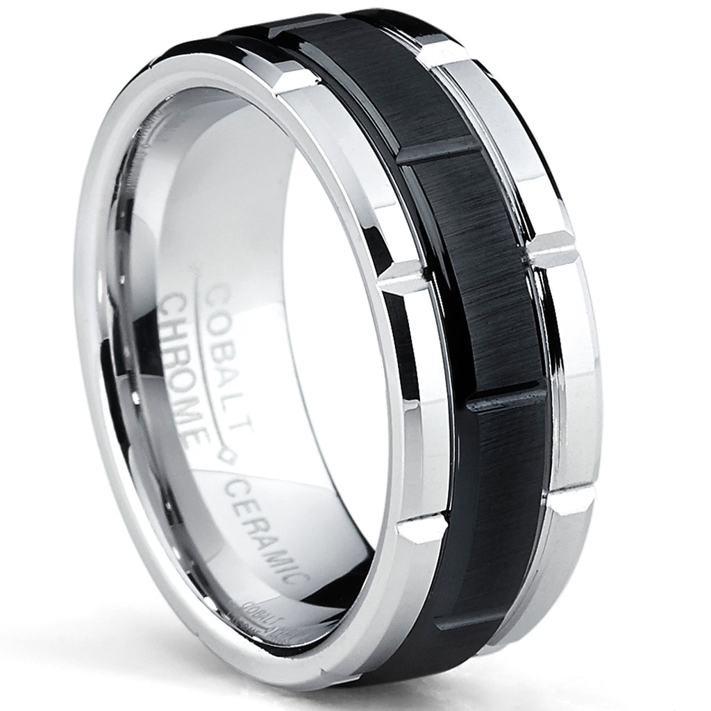 Ceramic and Cobalt Combo Wedding Band Engagement Ring, Brushed Center, Comfort Fit 8MM Sizes 7 -13