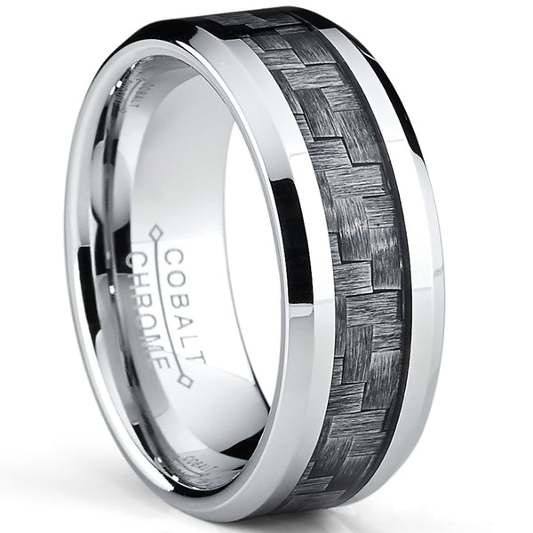 High Polish Cobalt Men's Wedding Band Engagement Ring W/ Gray Carbon Fiber Inlay, Comfort Fit 8MM