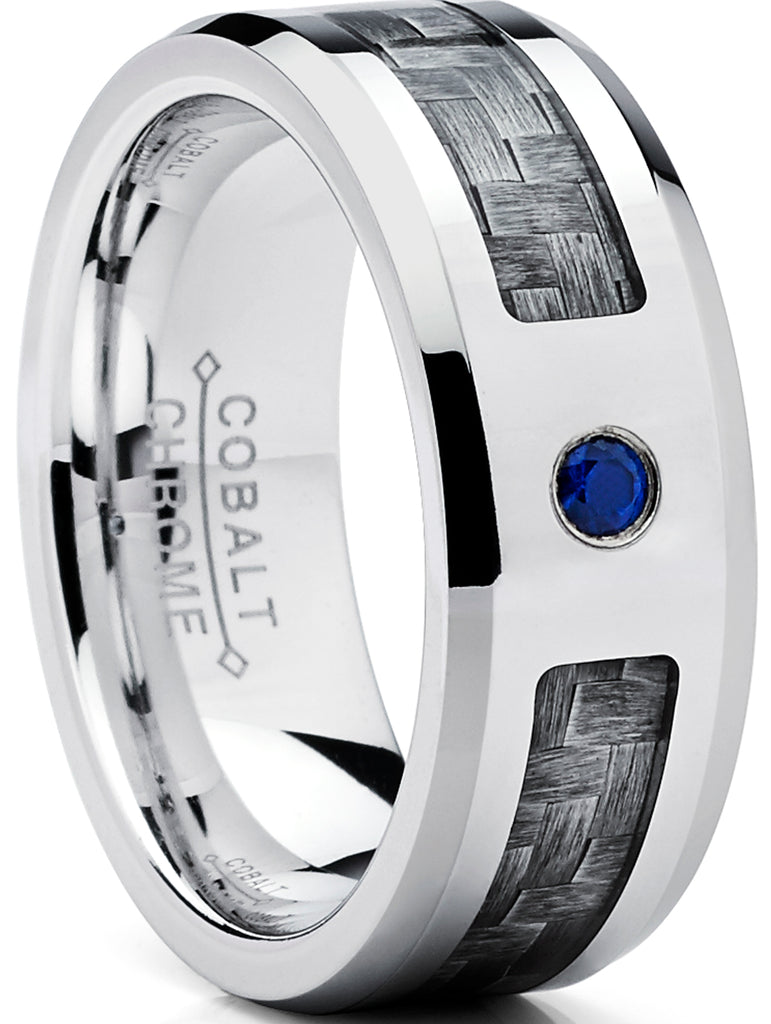 Cobalt Men's Wedding Band Ring W/ Gray 3K Carbon Fiber Inlay and 0.05 Carat Blue Sapphire