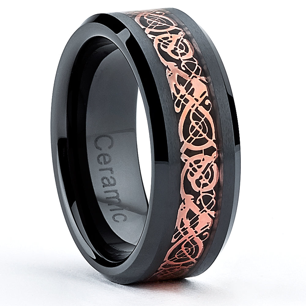 Men's 8MM Black Ceramic Celtic Dragon Over Carbon Fiber Inlay Wedding Band Ring Sizes 7 to 15