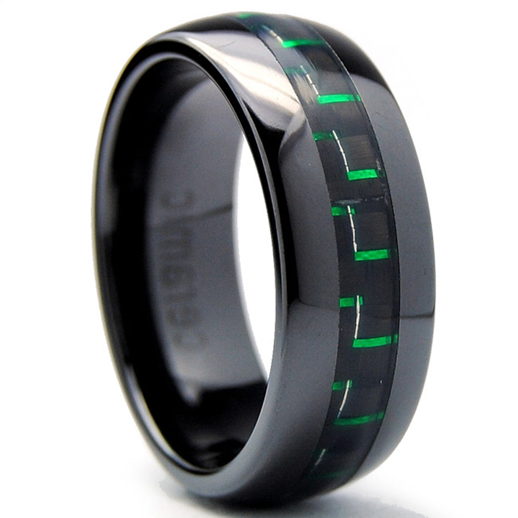 8MM Dome Men's Black Ceramic Ring Wedding Band With Black & Green Carbon Fiber Inaly Sizes 5 to 15