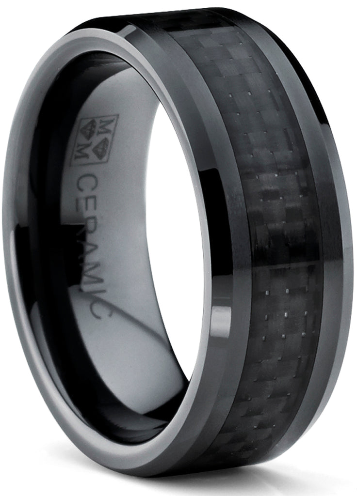 8MM Flat Top Men's Black Ceramic Ring Wedding Band With Black Carbon Fiber Inlay Sizes 5 to 15