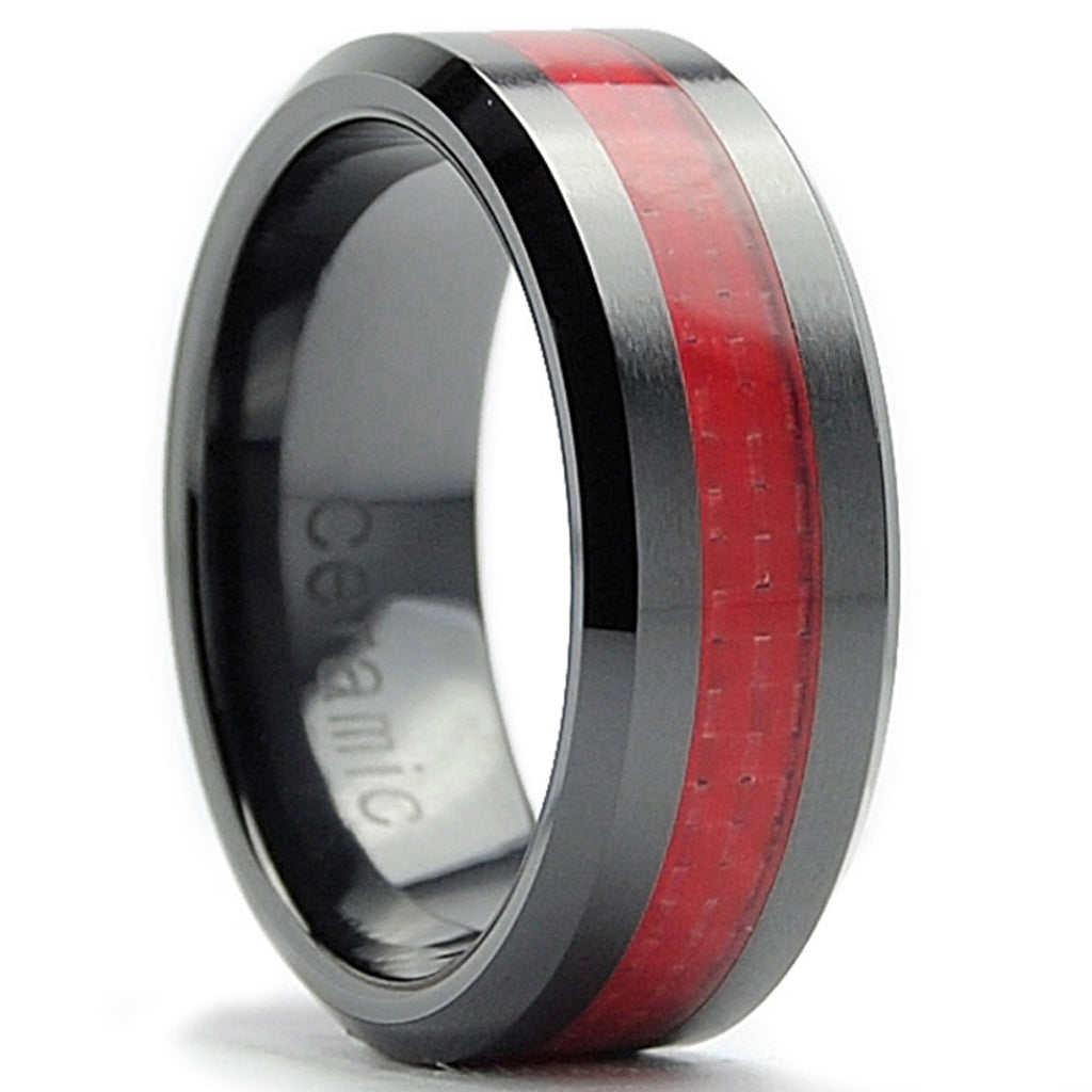 8MM Flat Top Men's Black Ceramic Ring Wedding Band With Red Carbon Fiber Inaly Sizes 5 to 15