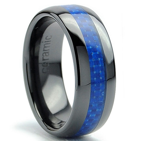 8MM Dome Men's Black Ceramic Ring Wedding Band With Blue Carbon Fiber Inlay Sizes 5 to 15