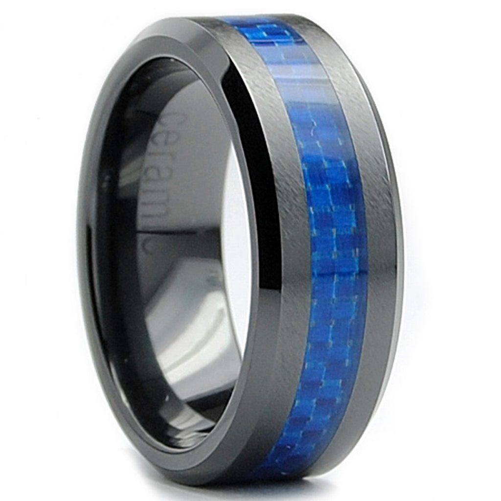 8MM Flat Top Men's Black Ceramic Ring Wedding Band With Blue Carbon Fiber Inlay Sizes 5 to 15