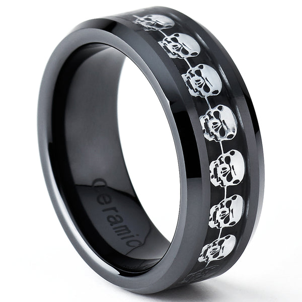 Black Ceramic Men's Skull Cabron Fiber Ring Comfort-Fit Band 8MM