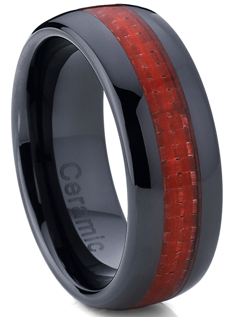 8MM Dome Men's Black Ceramic Ring Wedding Band With Red Carbon Fiber Inlay Size 5-15