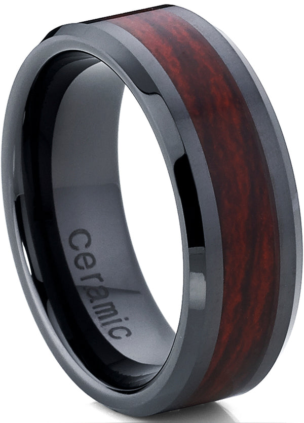 Men's Black Ceramic Wedding Band Ring with Wood Simulant Inlay, 8mm Comfort Fit