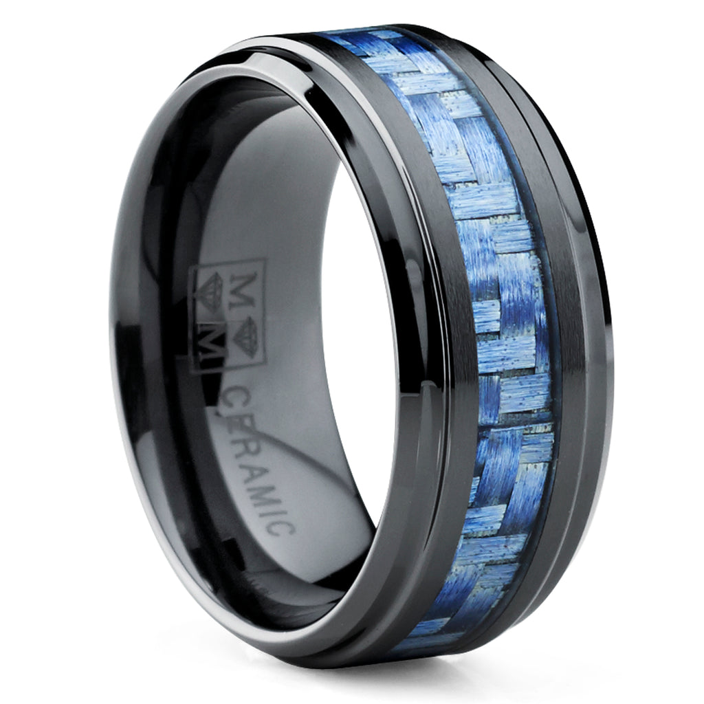 Men's 9MM Black Ceramic Wedding Band Ring with Aqua Blue Carbon