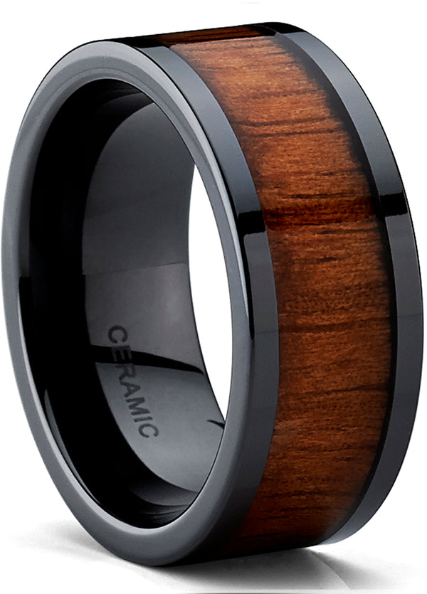 Men's Black Ceramic Flat Top Wedding Band Ring with Real Koa Wood Inlay, 9MM Comfort Fit