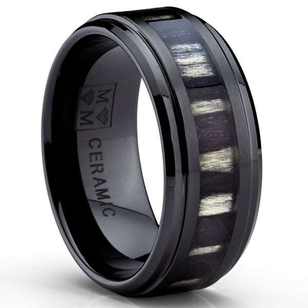 9MM Black Ceramic Wedding Band Ring with Real Zebra Wood Inlay, Comfort Fit