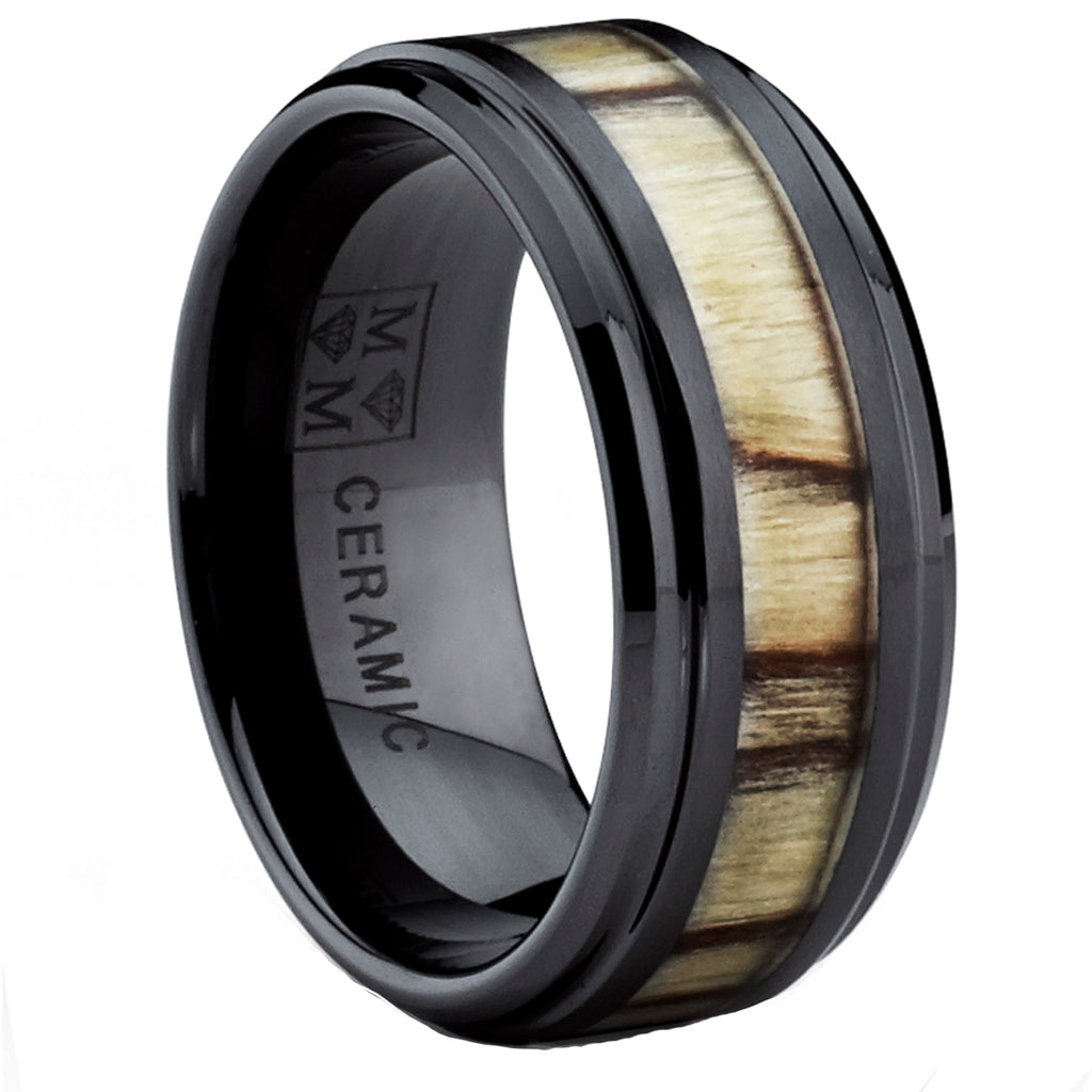 Men's 9MM Black Ceramic Wedding Band Ring with Real Zebra Birch Wood Inlay, Comfort Fit