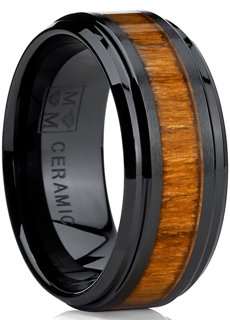 Men's Black Ceramic Beveled Edge Wedding Ring Band with Real Koa Wood Inlay, 9MM Comfort Fit