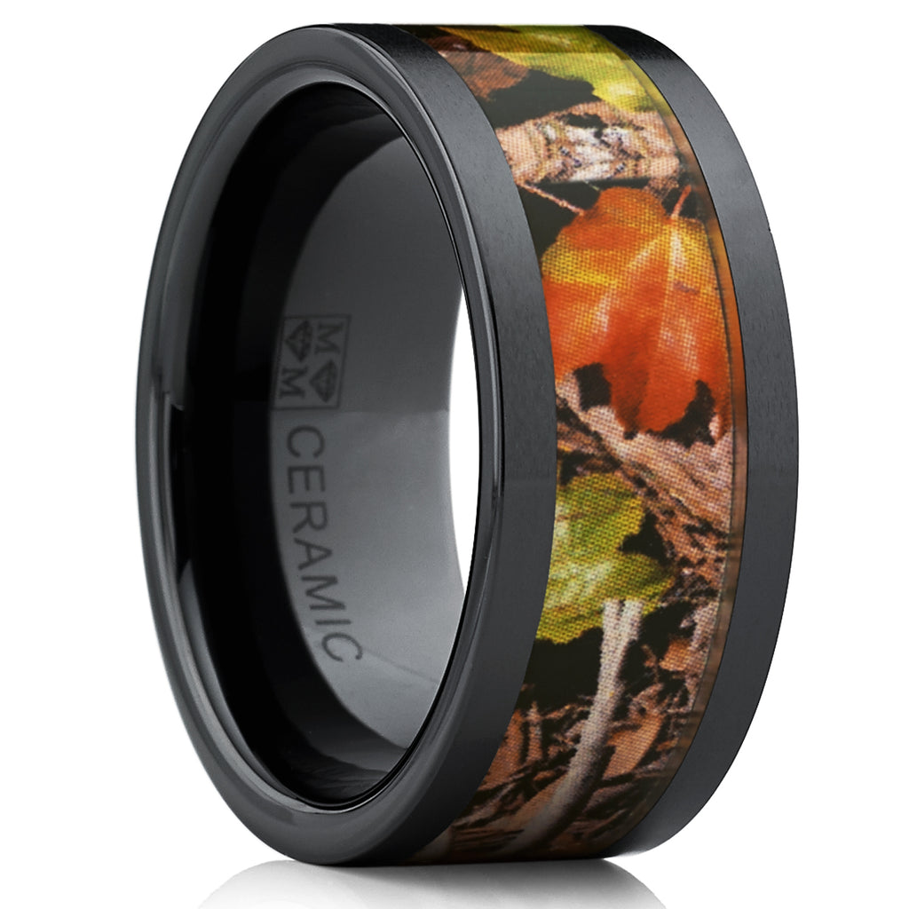 Men's Black Ceramic Band Outdoor Hunting Camouflage Ring, Real Forest Trees, Leaves 10MM Comfort Fit