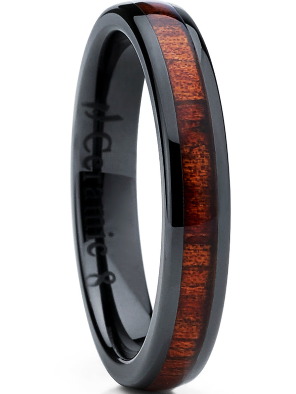 Womens Black Ceramic Dome Wedding Band Ring with Real Koa Wood Inlay 4mm, Comfort Fit