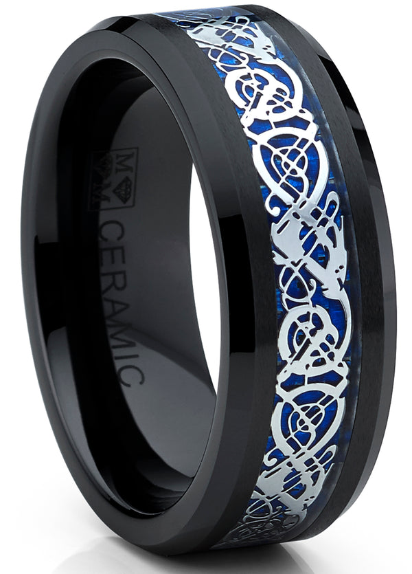 Black Ceramic Men's Wedding Ring Engagement Band with Blue Carbon Fiber and Dragon Design