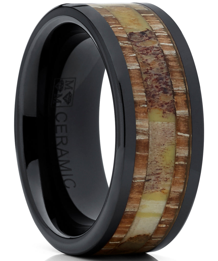 Men's Black Ceramic Ring Wedding Band with Real Antler and Wood Inlay, Outdoor Hunting, Comfort Fit