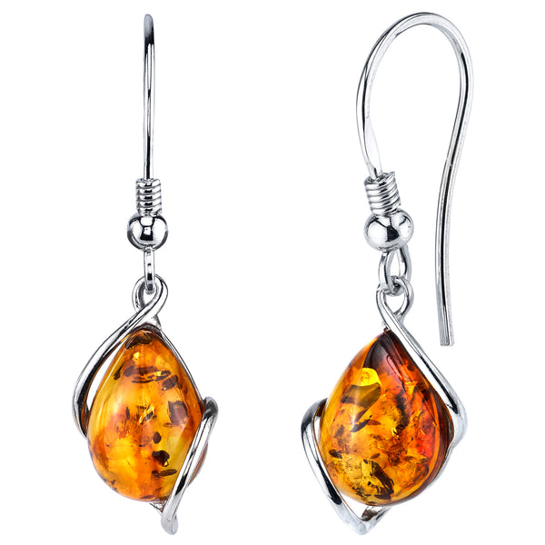 Sterling Silver Baltic Amber Drop Dangle Earrings Cognac Color 1.35 inches long