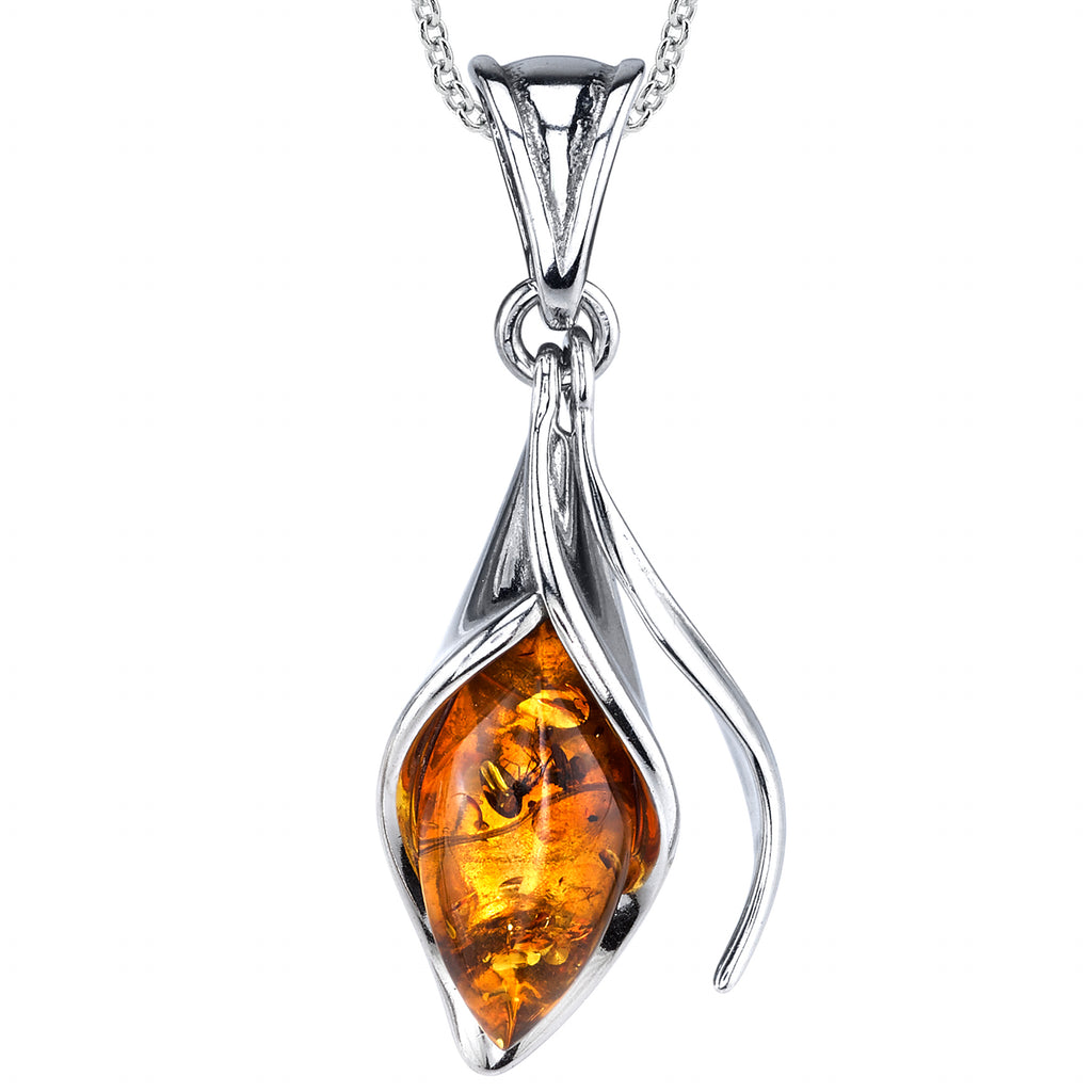 Baltic Amber Calla Lily Flower Sterling Silver Cognac Pendant Necklace 18" Chain
