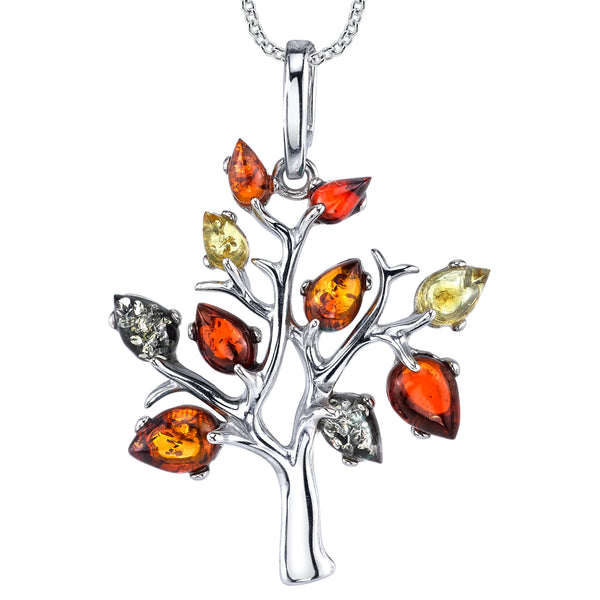 Baltic Amber Tree of Life Sterling Silver Pendant Necklace 18" Rolo Chain