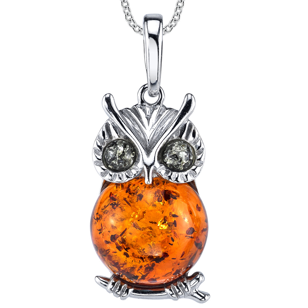 Baltic Amber Owl Wisdom Sterling Silver Pendant Necklace Green Cognac 18" Chain