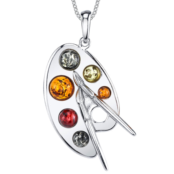 Baltic Amber Artist Painter Palette Sterling Silver Pendant Necklace 18" Rolo Chain