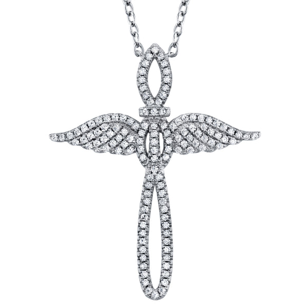 Sterling Silver 925 Angel Cross Charm Pendant Diamond Adjustable Necklace 16-18"