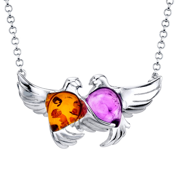 Amber Cabochon Free Birds Sterling Silver 925 Pendant Necklace 18" Rolo Chain