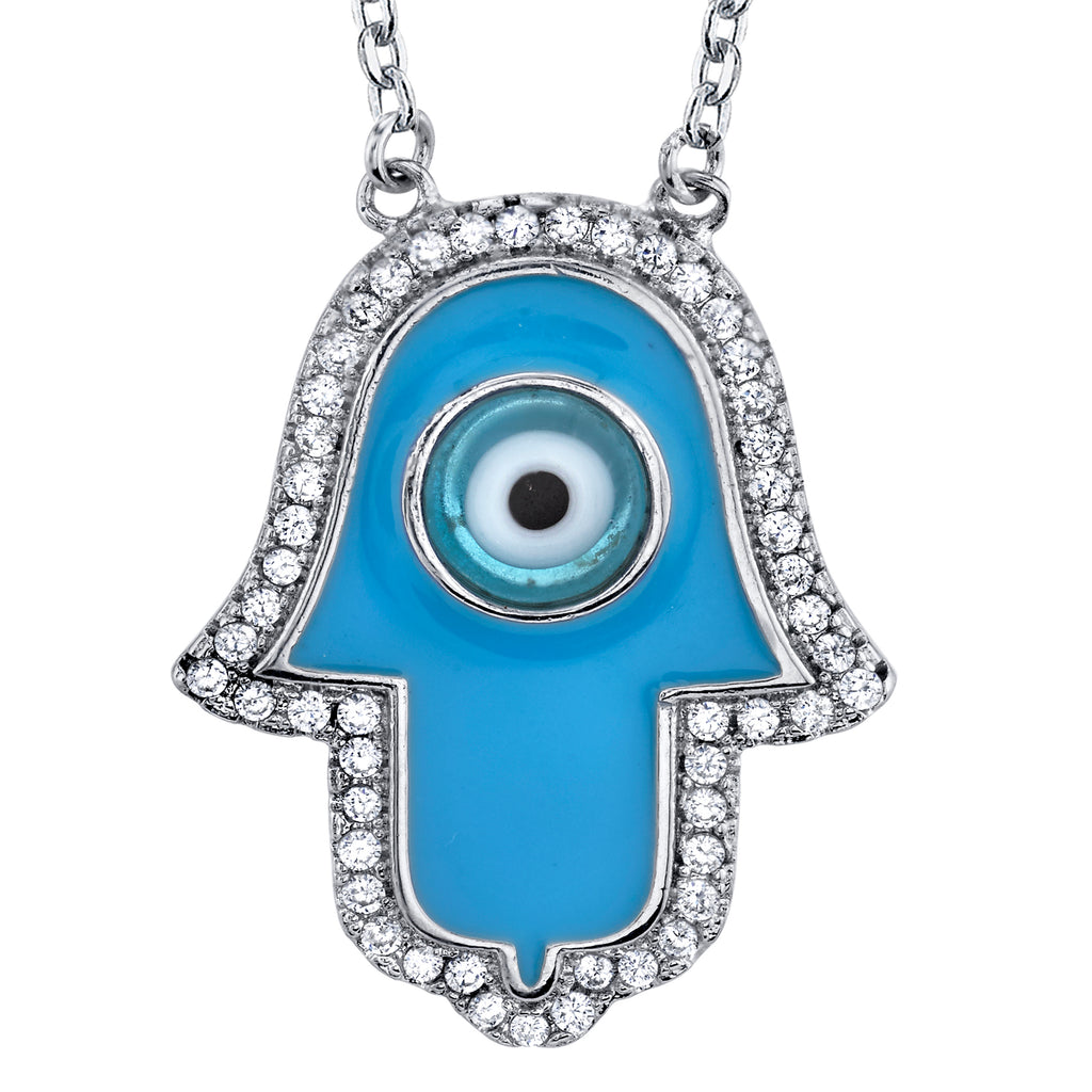 Blue Enamel Hand of Hamsa Evil Eye Pendant CZ Adjustable Necklace 16-18"