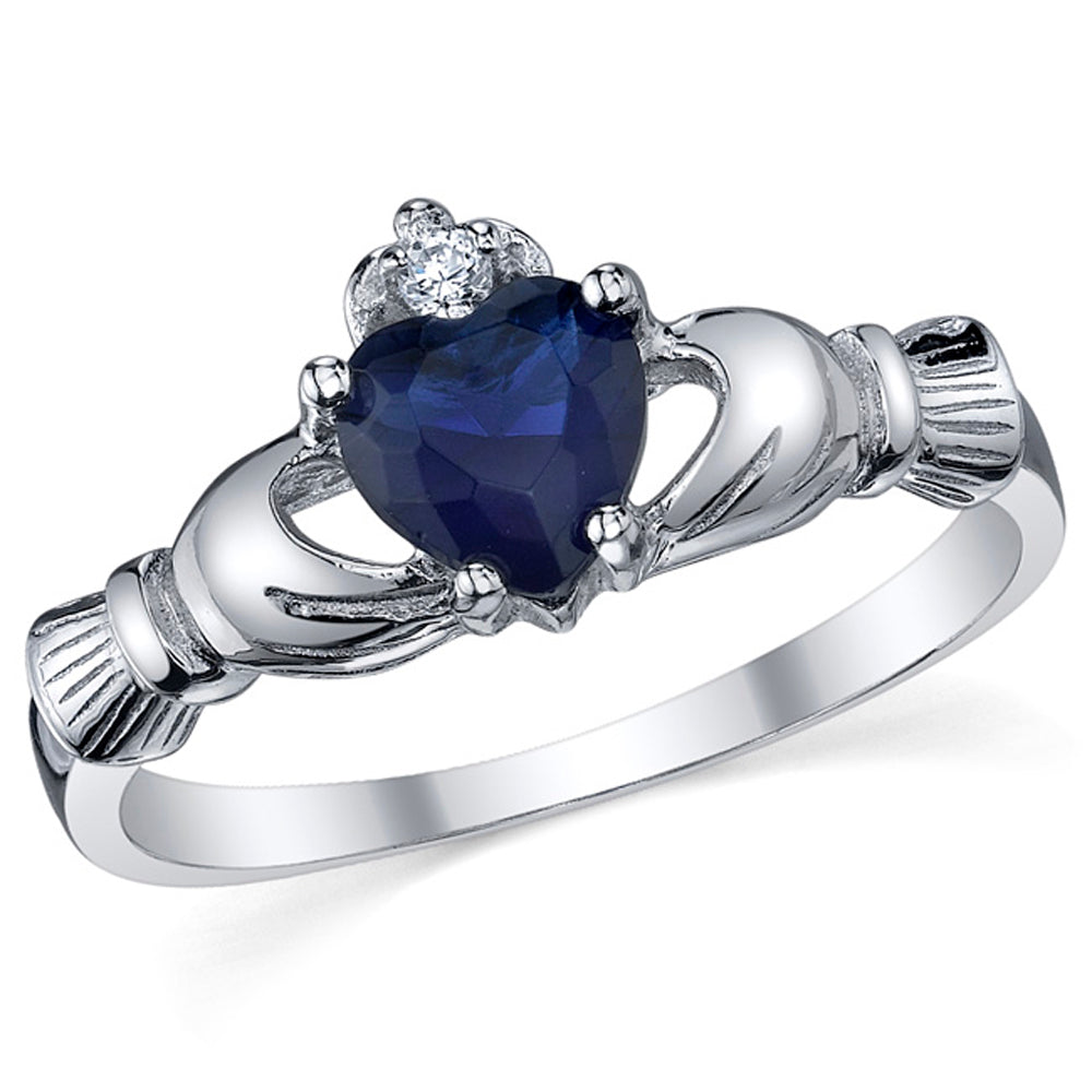 Women's Sterling Silver 925 Irish Claddagh Friendship Love Simulated Sapphire Blue Heart Cubic Zirconia Ring