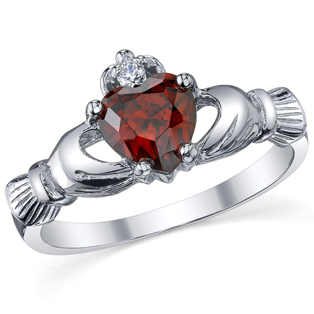 Women's Sterling Silver 925 Irish Claddagh Friendship Love Simulated Garnet Red Heart Cubic Zirconia Ring