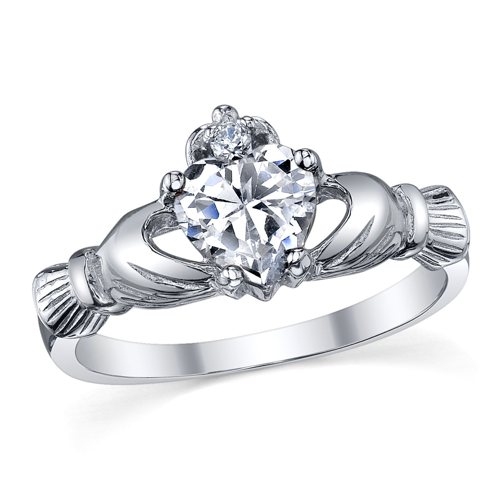 Women's Sterling Silver 925 Irish Claddagh Friendship Love Clear Heart Cubic Zirconia Ring