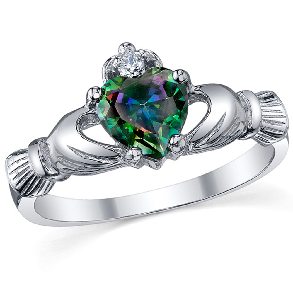 Women's Sterling Silver 925 Irish Claddagh Friendship Love Mystic Rainbow Simulated Topaz Heart Cubic Zirconia Ring