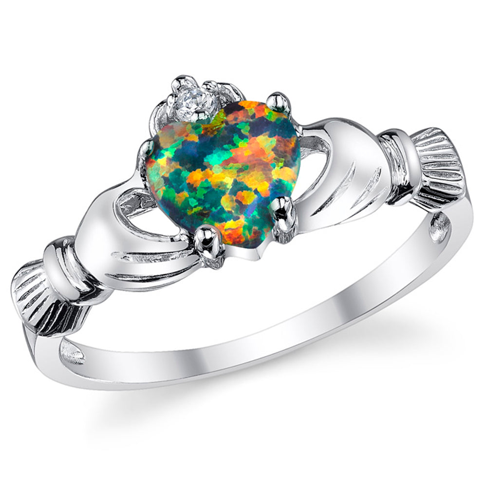 Women's Sterling Silver 925 Irish Claddagh Friendship Love Ring Rainbow Simulated Opal Heart
